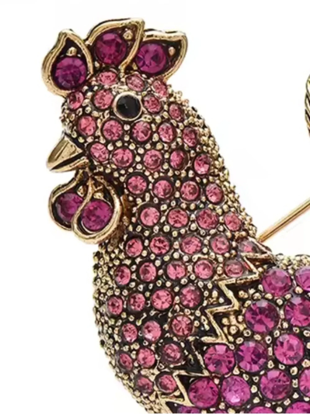 Anthropologie Gold-Tone Rooster Brooch with Hot Pink Crystals